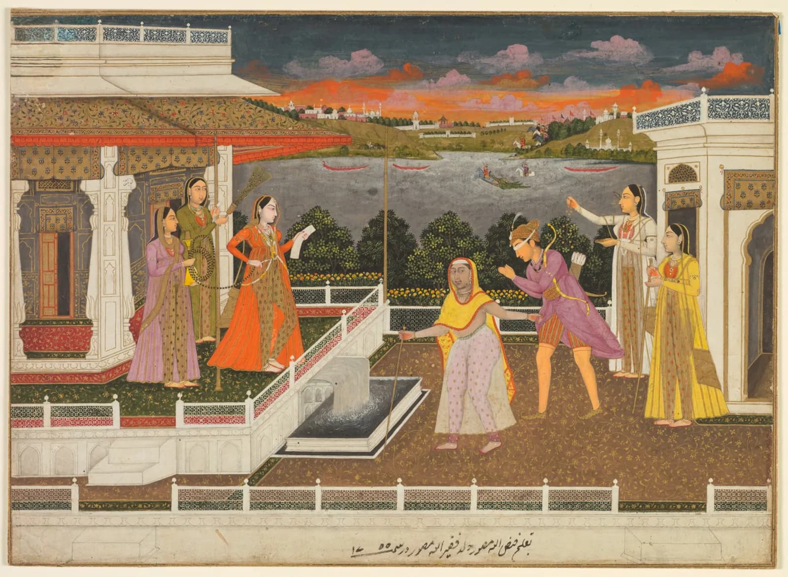 A blindfolded suitor is brought before a princess (recto), 1755