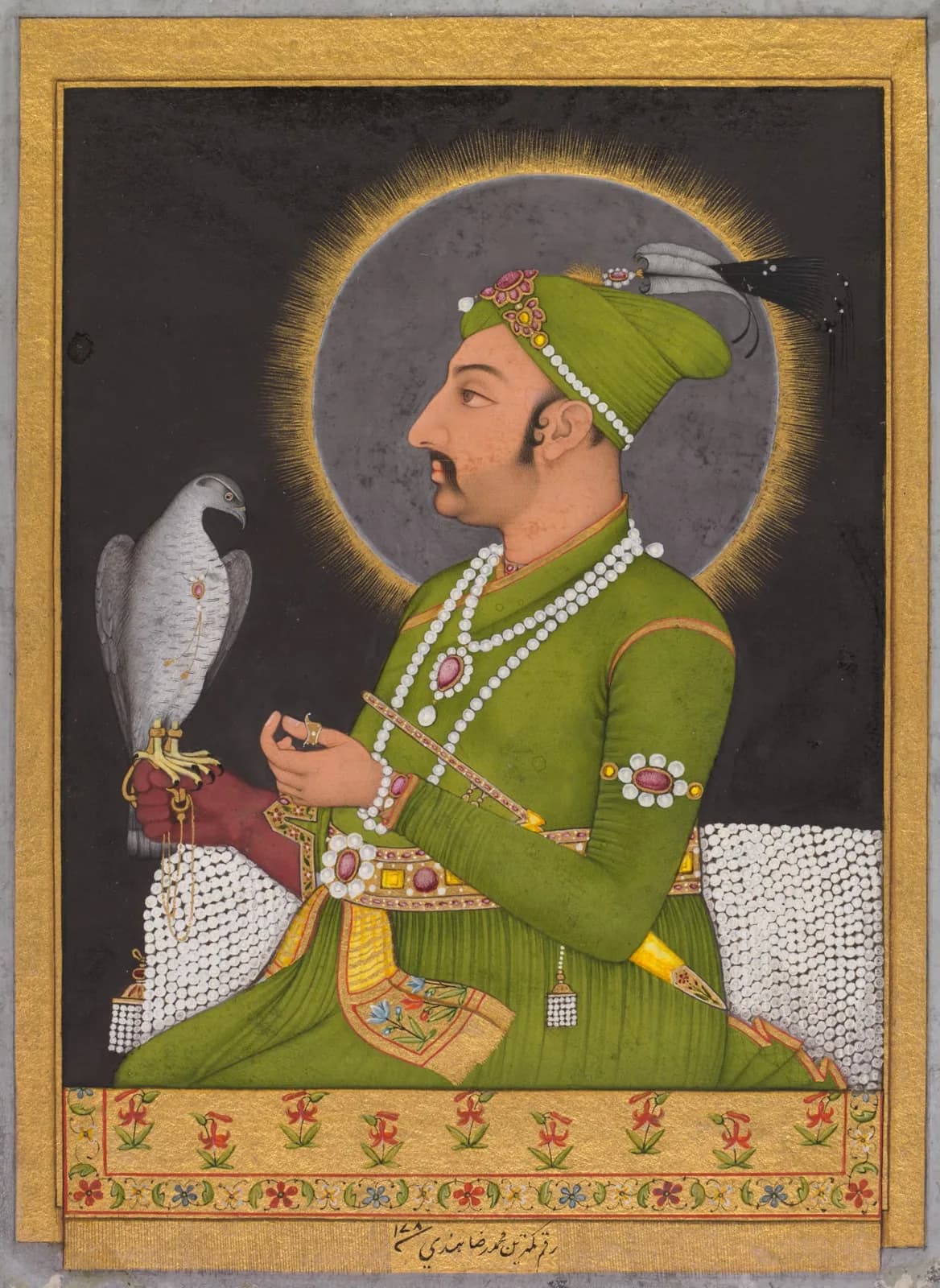 Posthumous portrait of the Mughal emperor Muhammad Shah (reigned 1719–1748) holding a falcon (recto), 1764